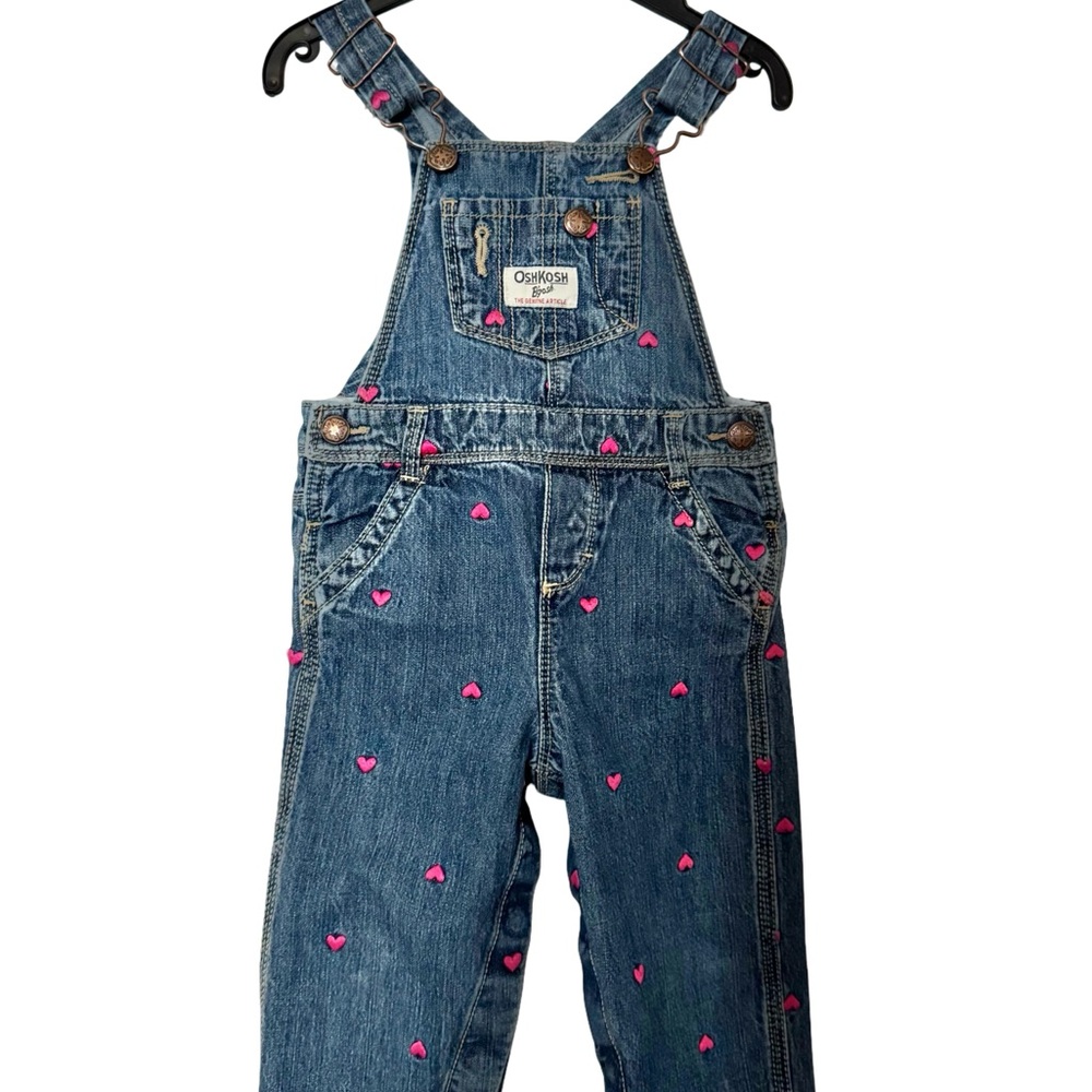 OshKosh B'gosh Blue Denim Overalls with Pink Hearts Size 18MO